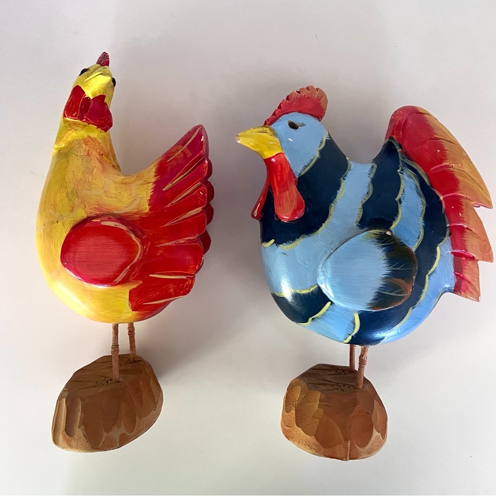 Hand-Painted Decorative Wood Carved Rooster Figurines in Bright Colors